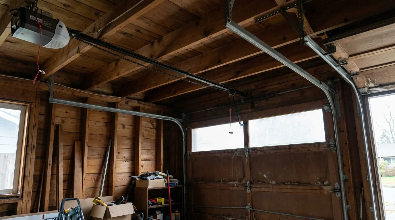 a ceiling-mounted garage door opener in a timber-framed Seattle garage