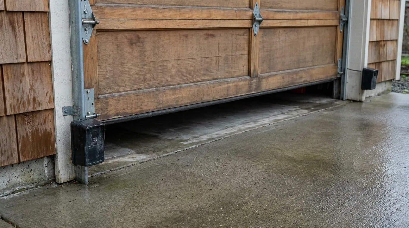 A photo-eye safety sensor mounted at the base of a timber garage door