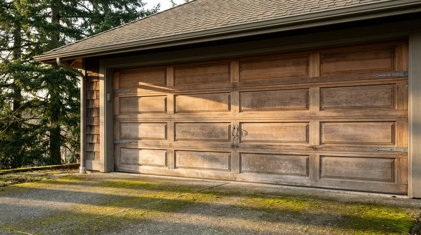 A cedar carriage-style garage door on a craftsman house with moss on the driveway