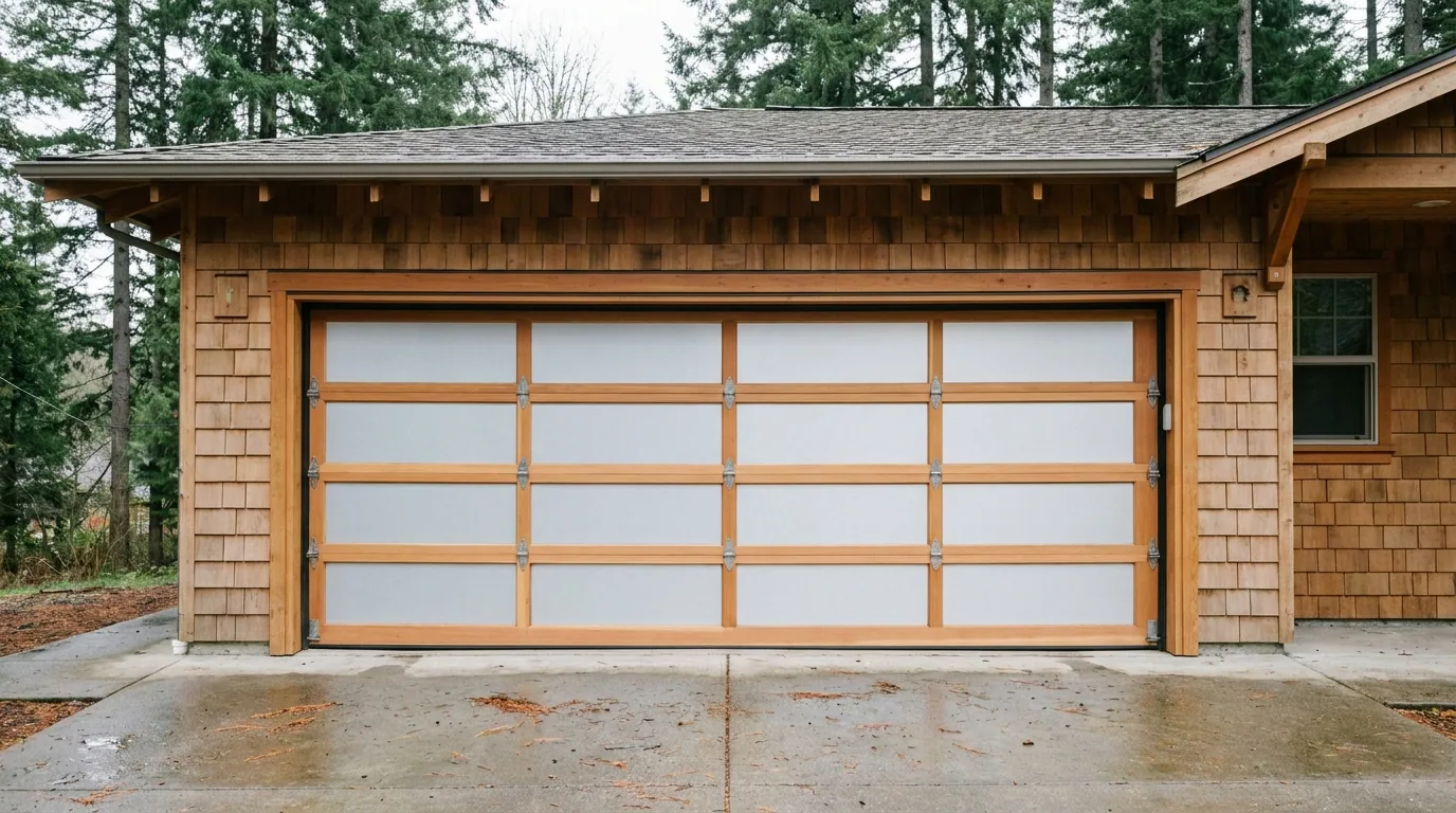 A newly installed wood sectional garage door on a finished craftsman house