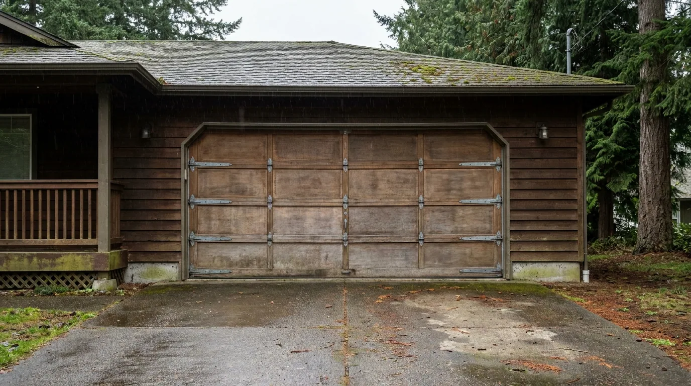 A weathered wood sectional garage door on a Pacific Northwest house under tall firs