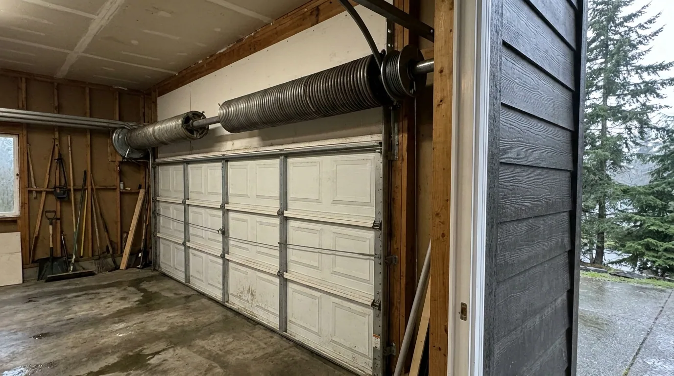 a torsion spring assembly in a damp Pacific Northwest garage
